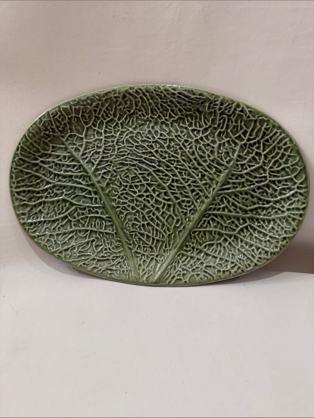 IKEA Sweden Olive Green Cabbage Leaf Ceramic Platter 14 1/2 In X 9 3/4 In